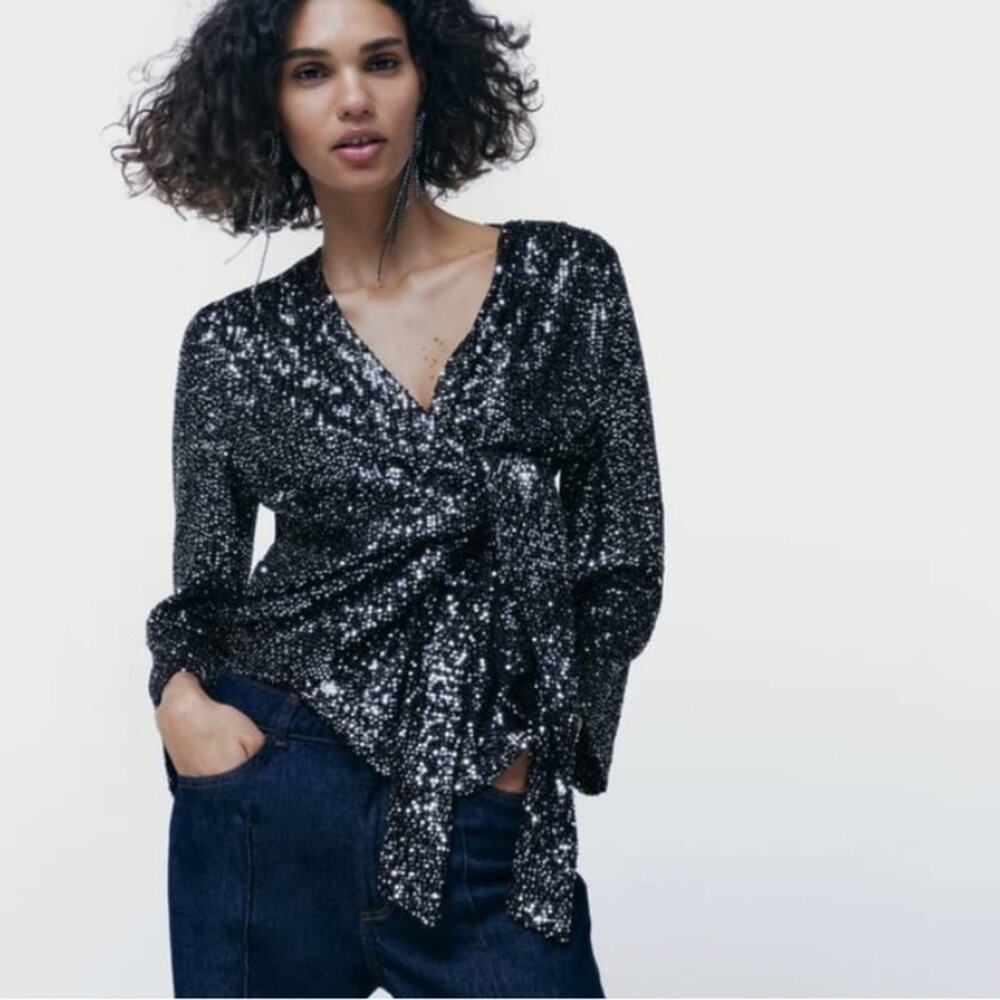 Zara SEQUIN BOW SHIRT Size Extra Small XS
